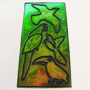 Feuille d'autocollants oiseaux des années 80, rare vintage des Sandylion Oilie - Magi-cals liquide huileux toucan perroquet mouette jouet enfant bronze irisé oiseau vert