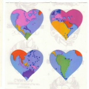 Stickers vintage coeur de lion des sables, amour de la terre des années 80 - Collage de scrapbooking carte du monde, globe nacré opale