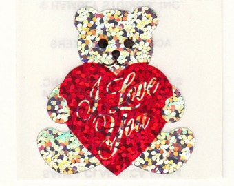 I Love You Teddy Bear Vintage Hambly Glitter Sticker - 80's Valentine Heart Scrapbook