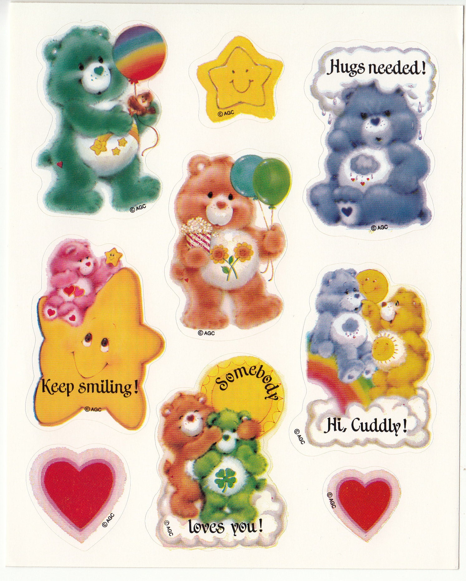 Care Bears Vintage AGC Sticker Sheet 80's Retro Child Toy Scrapbook Cartoon  Teddy Bear Rainbow Sun Star Heart Balloon 