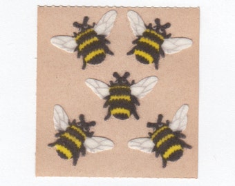 Sandylion Fuzzy Honey Bee Vintage Stickers - 80's on Original Brown Backing - Bumblebee Hornet Hive Wings Scrapbook Collage