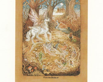 Vintage Antioch Fantasy Unicorn and Fairy Bookplate Sticker - Castle Gnome Mushroom Tree Roots Faerie Scrapbook Gummed Book Label