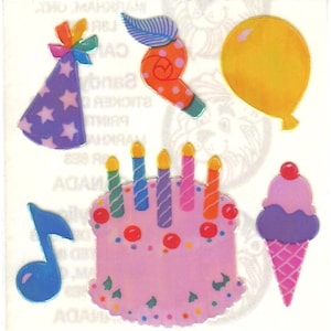 May include: A collection of colorful birthday-themed stickers. Includes a purple party hat with stars, a yellow balloon, a pink cake with candles, a blue musical note, an ice cream cone, and a party horn.