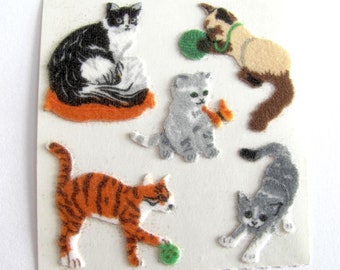 Kitties Vintage Sandylion Fuzzy Cat Stickers - 80's Siamese Tabby Tuxedo Kitten Kitty Feline Yarn Scrapbook