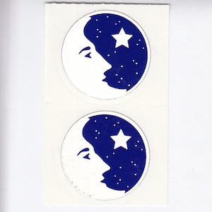 Man in the Moon - twee vintage foliestickers Mrs Grossman - Crescent Star Sky zilver metallic kobaltblauw plakboek Etoil Lune Luna