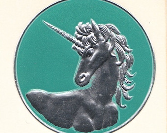 Unicorn Rare Vintage Illuminations Embossed Foil Sticker - 1982 Metallic Aquamarine Teal Turquoise 80's