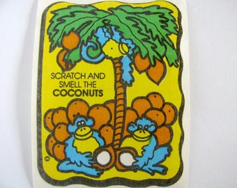 Vintage sticker mello geur krab en kokosnoten - jaren 80 aap palmboom kokosgeurende apen collectible