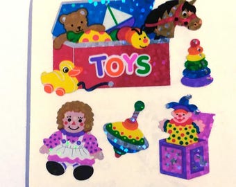 Childrens Toys Sandylion Vintage Glitter Sticker Mod - Teddy Bear Toy Chest Raggedy Ann Doll Jack in the Box Clown Duck Horse Child Kid Toy