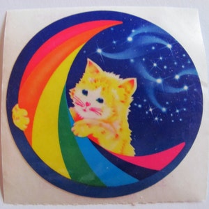 Rare Vintage Lisa Frank Kitten with Rainbow Crescent Moon and Stars Sticker - 2.5 inch 80&#39;s Retro Cat Illustration