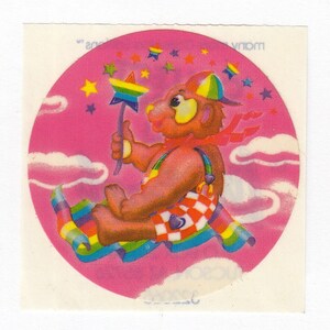 Schilder teddybeer rijdt op een regenboog wolk zeldzame vintage Lisa Frank sticker - jaren 80 HTF collectible Pink Star Sky overalls tapijt cartoon