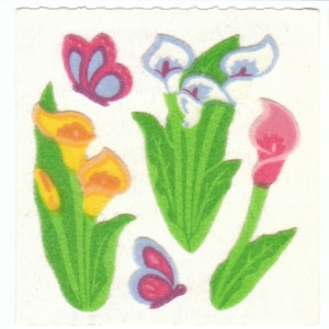 Adesivos de flores felpudas Sandylion vintage raros de lírio de calla dos anos 80 - Colagem de scrapbook com lírios borboleta amarelos, rosa e branco