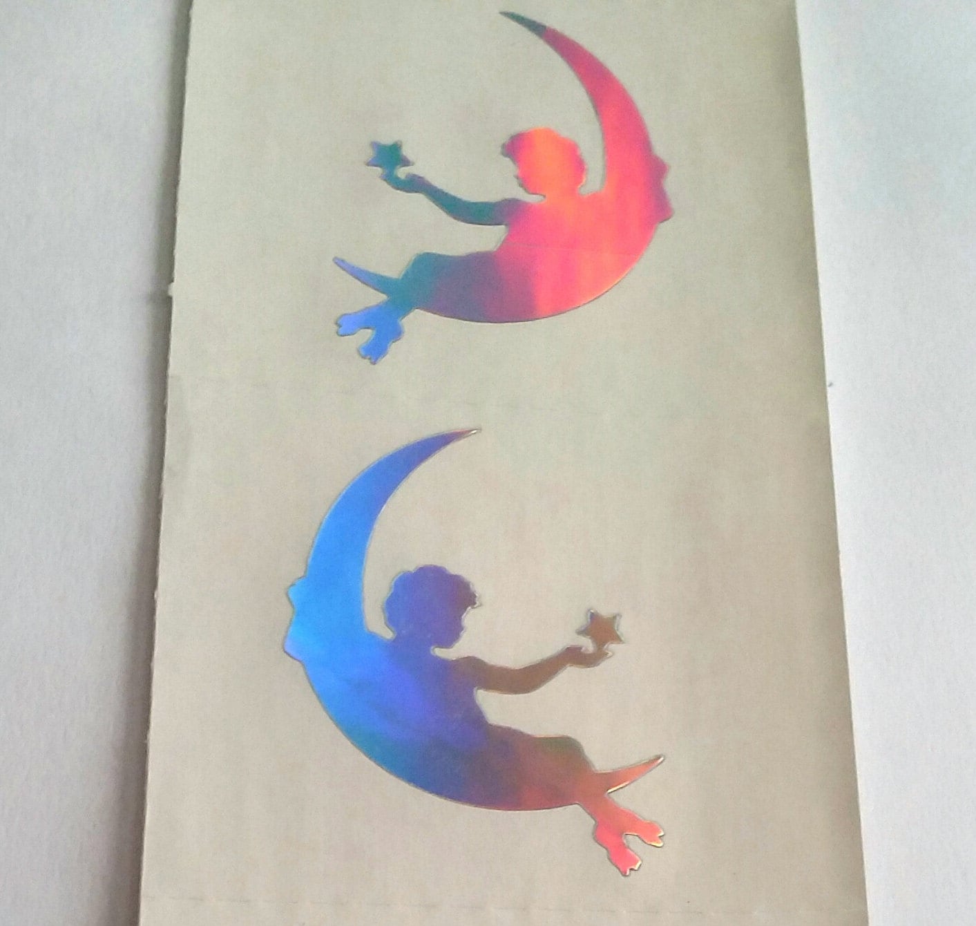 Two Vintage Mrs Grossman Silver Reflective Mylar Fairy Cherub Sitting on the Moon Stickers - 80's Crescent Star Fantasy