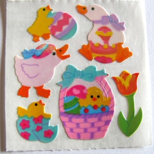 Adesivos de cesta de Páscoa com acabamento em pérola Sandylion - Vintage anos 80, pato, ganso, gansos, pintinhos, tulipa, ovo, pintinho, perolado, mop, opala, iridescente, scrapbook