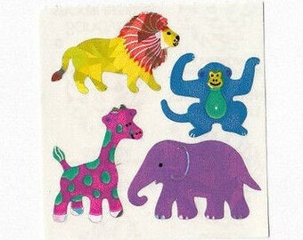 Prism Jungle Animals Vintage Sandylion Stickers - 80's Lion Monkey Elephant Giraffe Prismatic Scrapbook Collectible