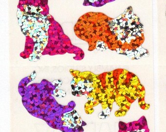 Hambly Adorable Kittens Vintage Glitter Sticker Strip - Kitten Kitty Cat Feline Fuchsia Pink Purple Tabby Scrapbook
