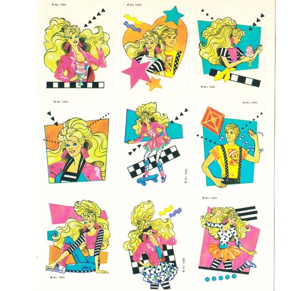 Barbie Doll Vintage Mattel Neon Sticker Sheet - 80's Cartoon New Wave Retro Ken Skateboard Star Kite Ice Cream Sundae Checkerboard Stripe