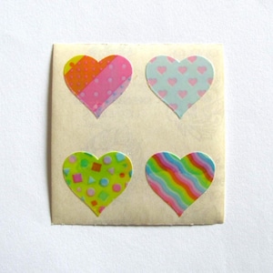 Stickers coeur à motifs finition nacrée Sandylion - Rare vintage des années 80 opale vadrouille nacré irisé à pois rayures arc-en-ciel amour Saint-Valentin