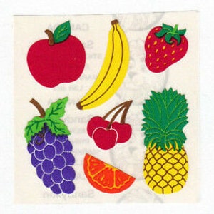 Vintage Sandylion Frucht Kromekote Aufkleber Mod - 80er Jahre Kirsche Beere Erdbeere Ananas Apfel Traube Banane fruchtig Sammlerstück