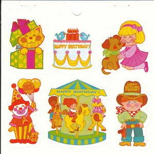 Hoja de pegatinas vintage de Eureka de feliz cumpleaños: gato, gatito, pastel, cachorro, carrusel, carnaval, payaso, globo, vaquero, álbum de recortes.