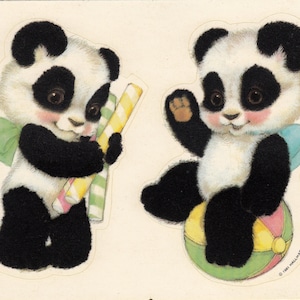 Zeldzaam vintage keurmerk stickervel schattige fuzzy pandaberen - jaren 80 moeilijk te vinden - retro strandbalbeer strik pepermuntstokje