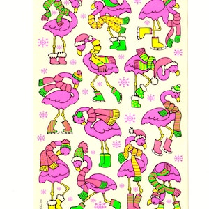 Feuille d'autocollants AGC vintage néon habillés pour l'hiver - Écharpe rose pour patin à glace et neige, chapeau de botte, album d'oiseaux tropicaux
