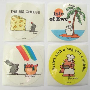 Pegatina brillante Boynton Vintage 80s RPP: gran ratón de queso, isla de ovejas, conejo, zanahoria, cerdo y cerdito de quiche, dibujos animados. Tú eliges.