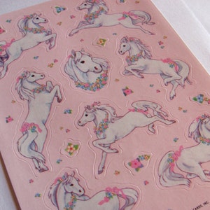 Hallmark Fantastical Pony Vintage Sticker Sheet - 80&#39;s Horse Unicorn Pink Flower Garland Heart Fantasy