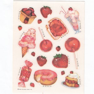 Vintage Hallmark Scratch and Sniff Strawberry Sticker Sheet - 80&#39;s Scented Dessert Ice Cream Candy Lollipop Scrapbook Collage