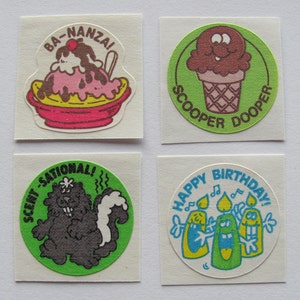 Trend Matte Scratch and Sniff Lot of Four Vintage 80&#39;s Stickers - Hot Fudge Sundae Chocolate Ice Cream Birthday Candles Skunk Scented Stinky
