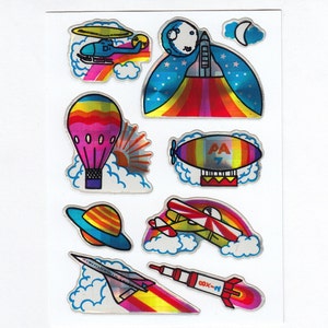 Fantastische vintage prismatische ballon lucht ruimte vel stickers - jaren 80 Prism Rocket Sky Moon NASA Shuttle Launch Blimp Vliegtuig Jet