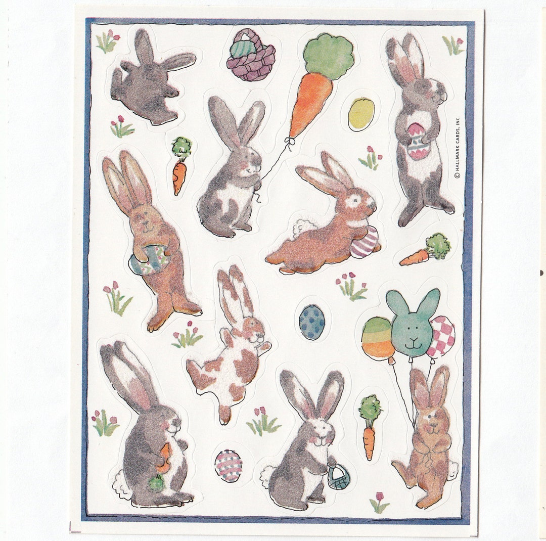 Bunny Rabbit Hallmark Fuzzy Vintage Sticker Sheet - 80's Adorable Hare ...