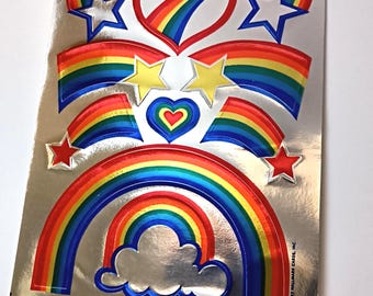 Hallmark Silver Metallic Shooting Stars and Rainbows Vintage Sticker Sheet - 80's Foil Heart Star Mylar Cloud Star Rainbow Collectible