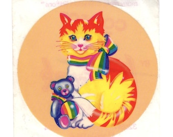 Adesivo de gatinho da Lisa Frank – Gatinho arco-íris e ursinho de pelúcia vintage dos anos 80