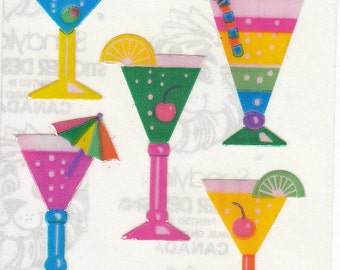 Rare Vintage Sandylion Pearl Finish Coctail Stickers -80's Martini Umbrella Drink Cherry Lime Rainbow Iridescent Opal MOP Pearly