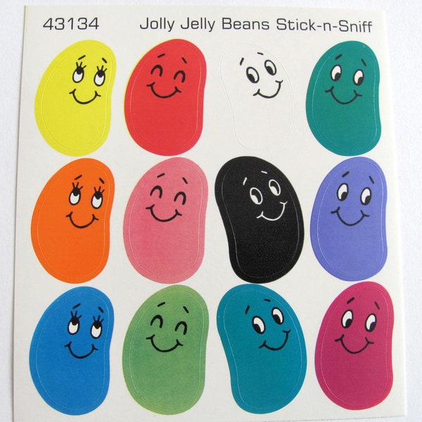 Jellybean Scratch and Sniff Vintage Sticker Sheet - 80's Rare Candy Scented Rainbow Jelly Bean Sweet Happy Face Collectible