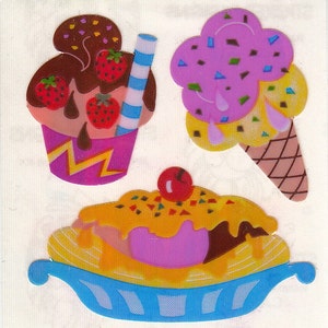 Vintage Sandylion Pearl Finish Ice Cream Sundae Stickers - 80's Pearly MOP Opal Strawberry Chocolate Banana Cherry Cone