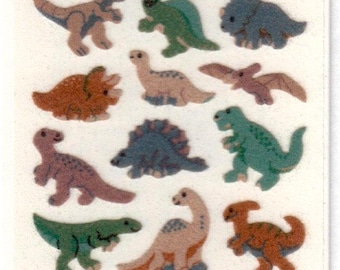 Bonitas mini pegatinas de dinosaurios peludos vintage Sandylion - Dino Barapasaurus de los 80, Spinosaurus, T-Rex, Tyrannosaurus, Pterodáctilo, Stegosaurus