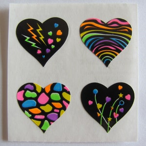 Seltene Vintage Sandylion Neon gemusterte Herz Aufkleber - 80er Jahre Regenbogen Blume Zebra Streifen Sammelalbum
