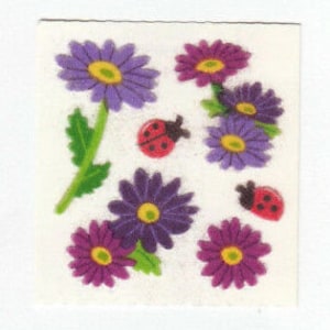 Pegatinas afelpadas vintage de margarita africana Sandylion - Mariquita de los años 80, flores moradas, áster violeta, collage coleccionable para álbum de recortes