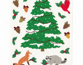 Woodland Christmas Mrs Grossman Maxi Sticker Sheet - Hedgehog Raccoon Squirrel Holly Tree Acorn Fox Bird Metallic Red Accents Bows Scrapbook