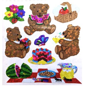 Picnic Bears Rare Vintage Sandylion Sticker Mod - Teddybär Kuchen Limonade Wassermelone Ameisen Korb Glitter Blumen Gästebuch Lehrer Collage