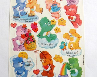 Care Bears Vintage AGC Sticker Sheet - 80's Retro Child Toy Scrapbook Cartoon Teddy Bear Rainbow Sun Star Heart Bee Balloon