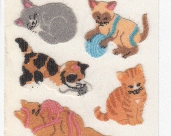 Playful Kittens Vintage Sandylion Fuzzy Sticker Mod - Cat Kitten Tabby Calico Siamese Feline Kitty