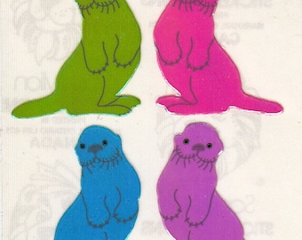 Adorable Sea Lions Vintage Sandylion Pearl Finish Seal Stickers - 80's Opal Pearly MOP Rainbow Otter Pink Purple Green Blue Iridescent