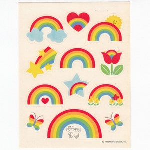 Rainbow Vintage Hallmark Sticker Sheet - 80&#39;s Rare Happy Day Butterfly Tulip Heart Shooting Star Sun Weather Cloud HTF