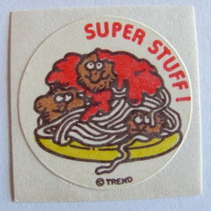 Raro Vintage Trend Scratch and Sniff Spaghetti and Meatballs Sticker - Presente retrô exclusivo dos anos 80 - Jantar italiano - Super Stuff! Cheira muito bem