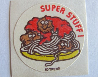 Sällsynt vintage-trend skrapa och lukta spaghetti och köttbullar-klistermärke - 80-tals unik retropresent - italiensk middag - Supergrejer! Luktar gott