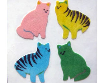 Adorable Kitten Rare Vintage Great Seven Fuzzy Stickers - 80's Cat Tabby Tiger Pink Green Blue Yellow Kitty