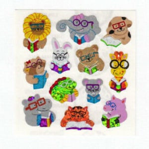 Pegatinas de lectura con mini animales con purpurina de Sandylion: elefante vintage, león, oso de peluche, conejo, cerdo, jirafa, gato, caimán, ratón, perro, gafas