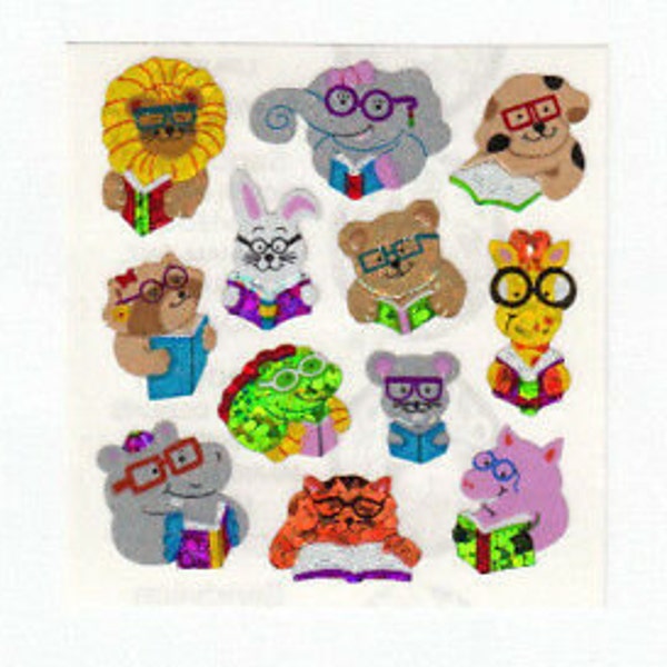 Sandylion Mini Glitter Dieren Lezen Stickers - Vintage Olifant Leeuw Teddybeer Bunny Konijn Varken Giraffe Kat Alligator Muis Hond Bril